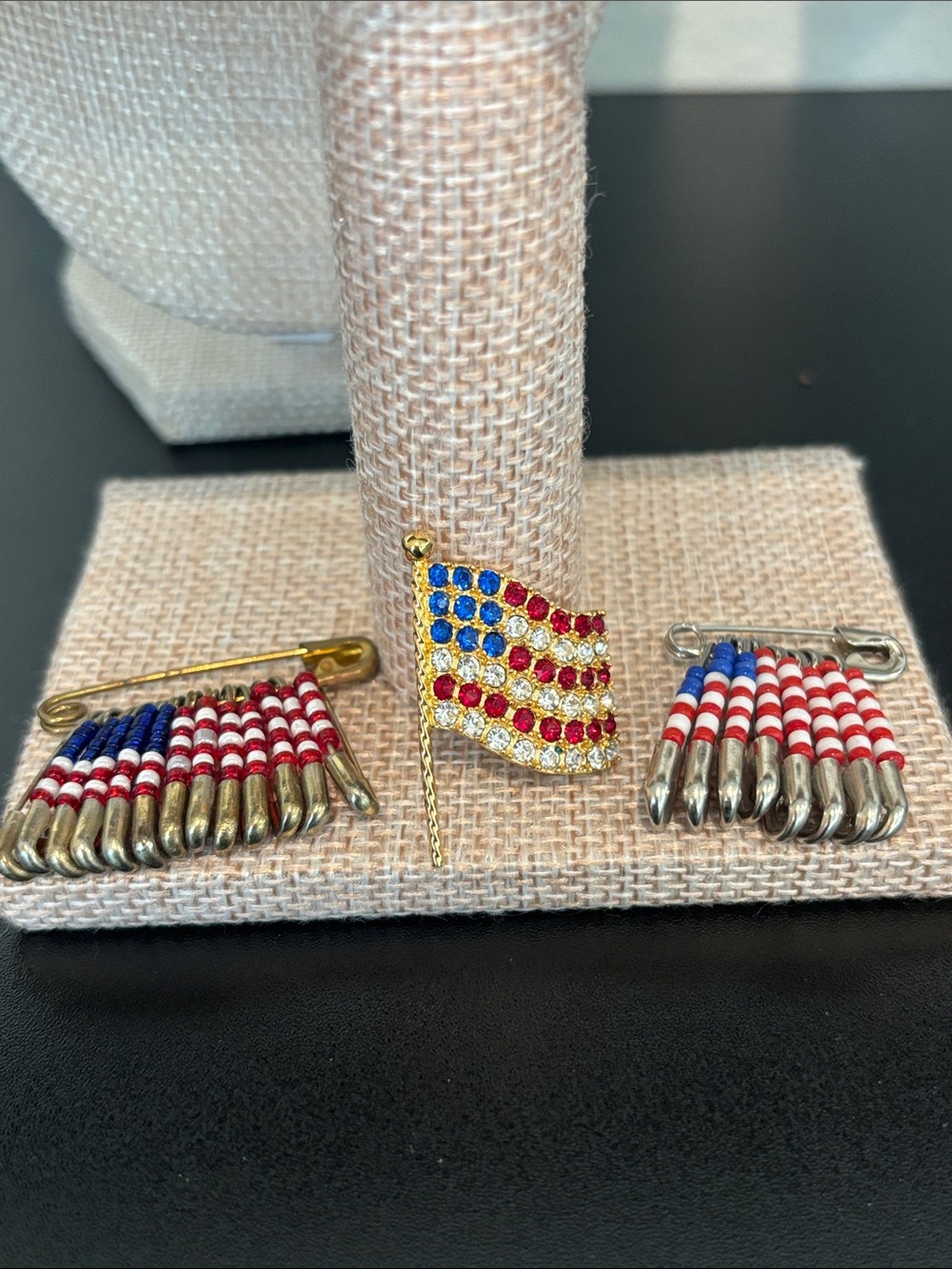Vintage Patriotic American Flag Pin Lot (3 Pieces) - Beaded & Rhinestone Brooche